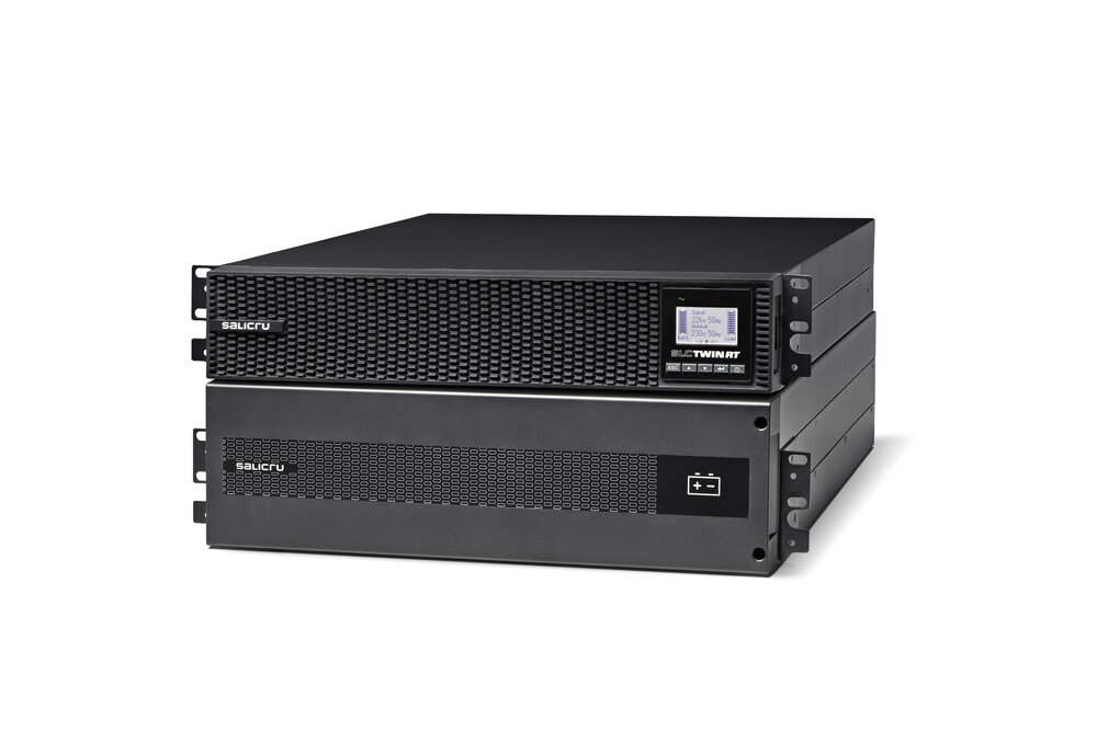 Official rack installation example; external battery module pictured is not included with B0