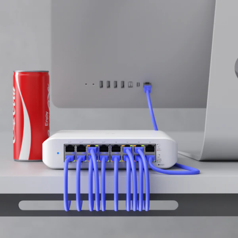 Ubiquiti USW-Lite-16-PoE installed with Ethernet cables