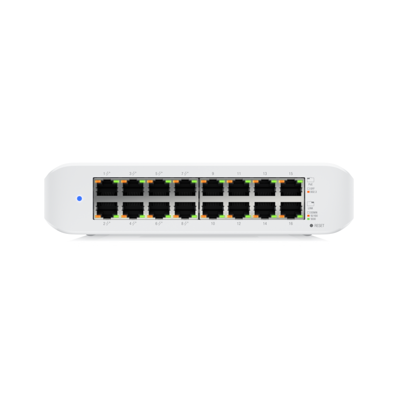Ubiquiti USW-Lite-16-PoE — front view of 16 Gigabit Ethernet ports