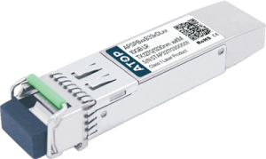 ATOP 10G SFP+ BiDi մոդուլի կատալոգային տեսք՝ կանաչ բռնակով և Tx 1270/Rx 1330 նմ շարքի պիտակով