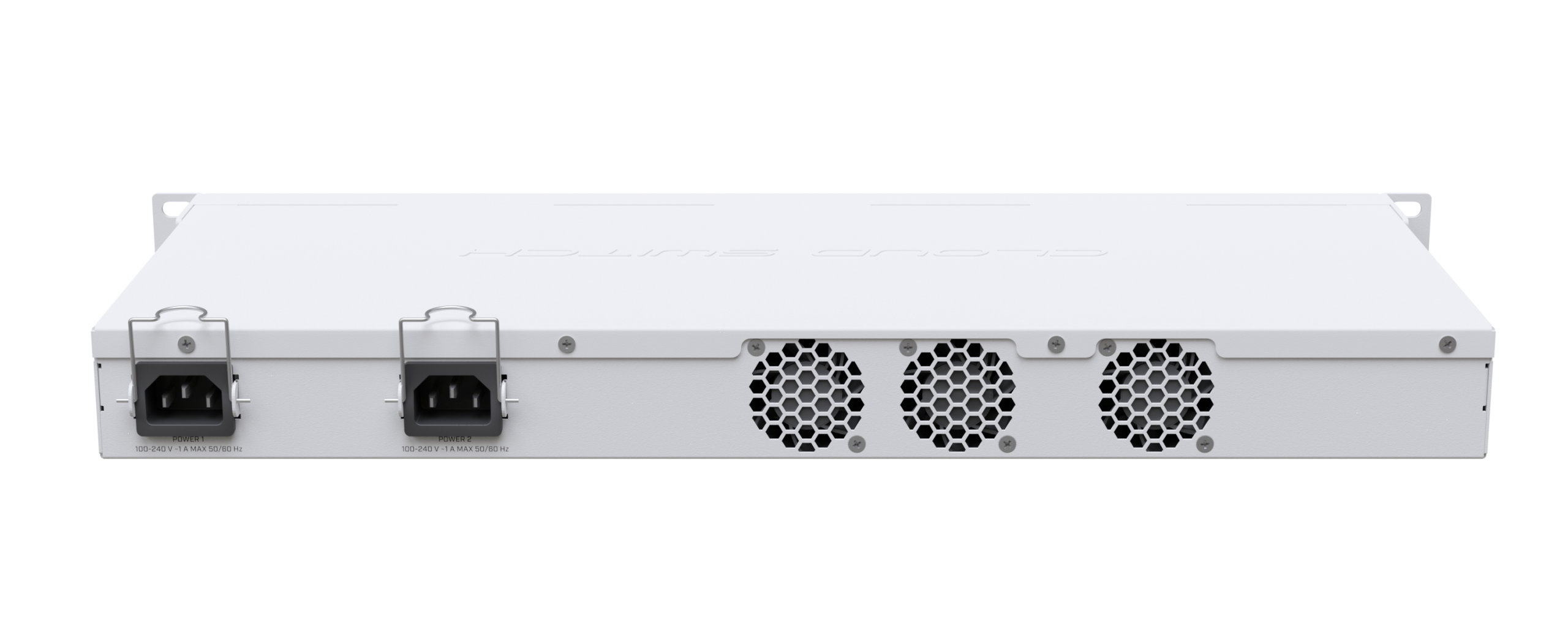 CRS326-24S+2Q+RM Rear view showing dual AC inputs and fans