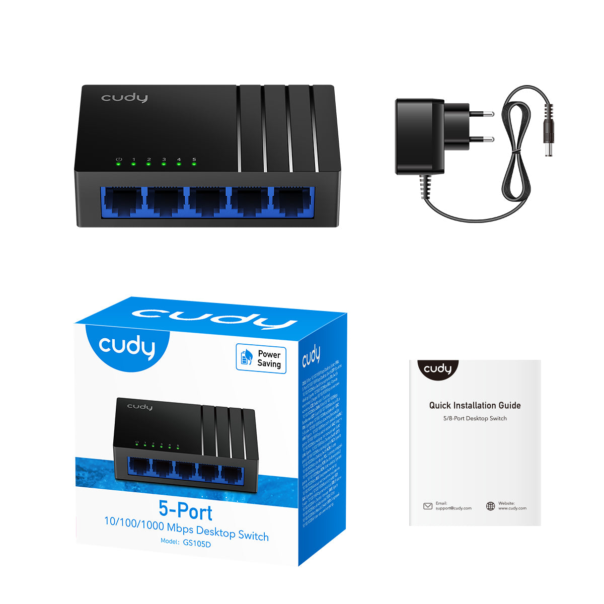 Cudy GS105D switch, power adapter and installation guide