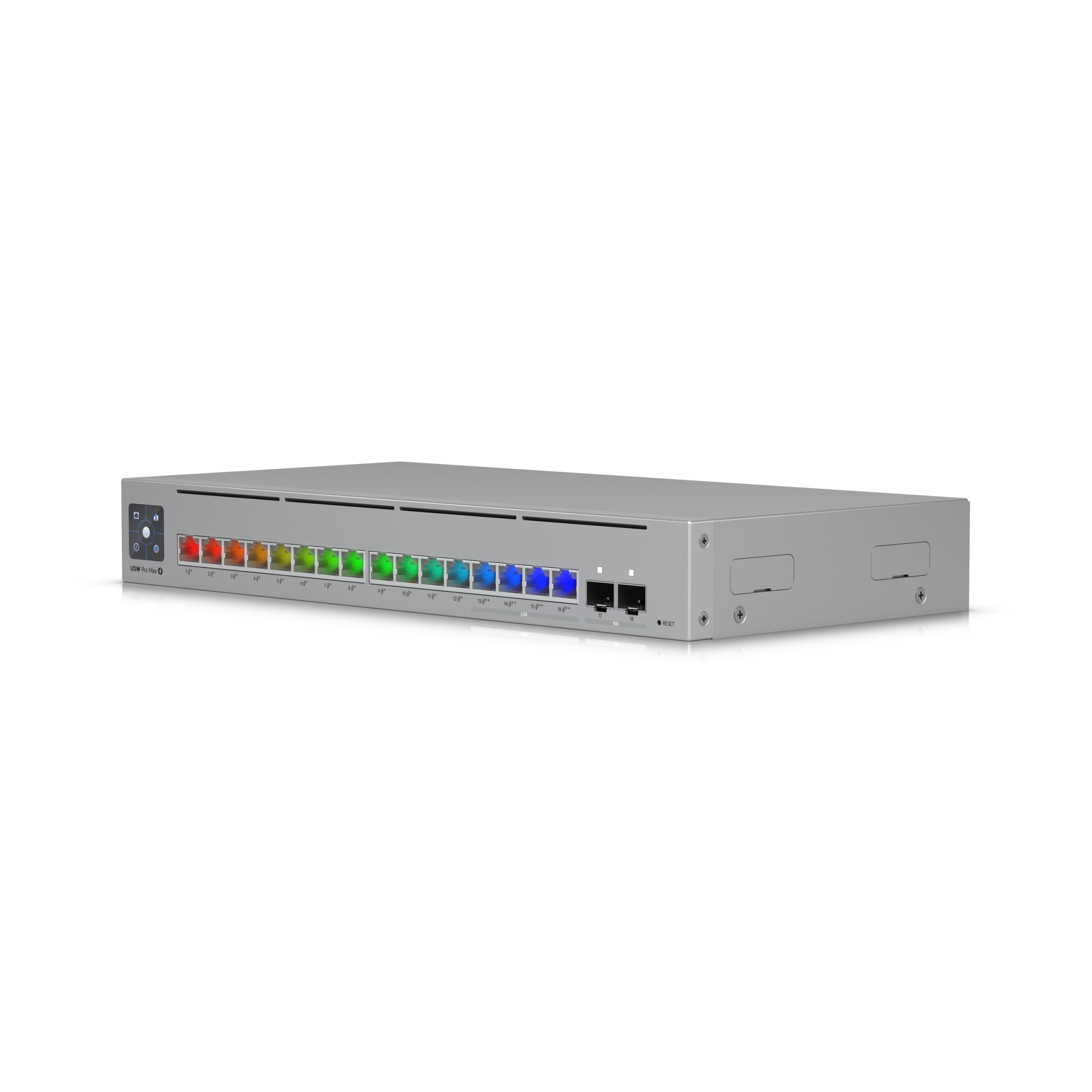 Ubiquiti USW-Pro-Max-16-PoE, illuminated three-quarter view