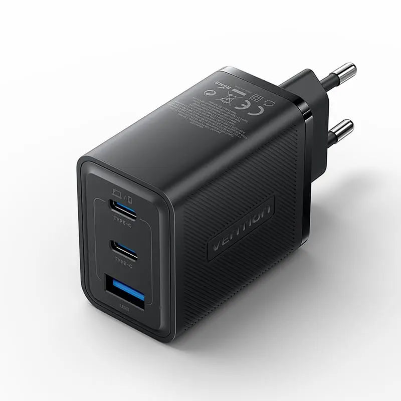 Vention FERB0-EU — 65 Վտ GaN լիցքավորիչ, 2 × USB-C + USB-A, EU, սև