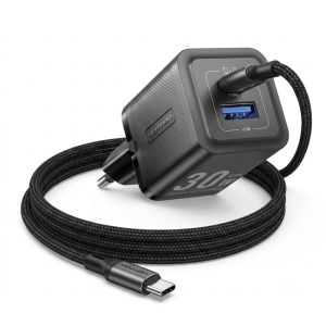 Vention TZ-FEQB0-EU-01 — 30 Վտ GaN լիցքավորիչ, USB-C + USB-A, 1 մ մալուխ, սև
