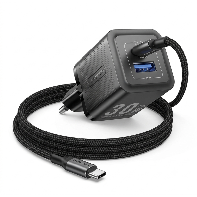 Vention TZ-FEQB0-EU-01 — 30 Վտ GaN լիցքավորիչ, USB-C + USB-A, 1 մ մալուխ, սև