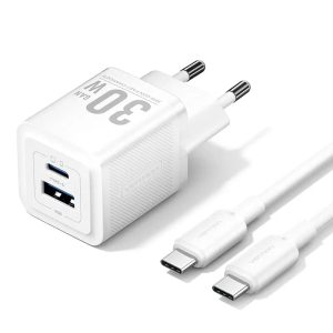 Vention TZ-FEQW0-EU-01 — 30 Վտ GaN լիցքավորիչ, USB-C + USB-A, 1 մ մալուխ, սպիտակ