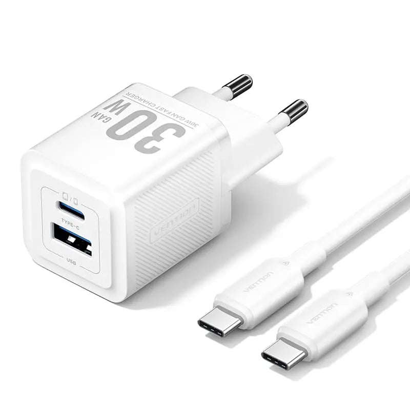 Vention TZ-FEQW0-EU-01 — 30 Վտ GaN լիցքավորիչ, USB-C + USB-A, 1 մ մալուխ, սպիտակ